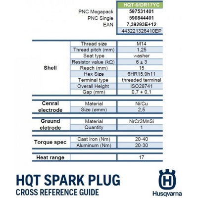 Свеча зажигания Husqvarna HQT-9 4T Single Pack (длинная юбка) B&S OHV Артикул: 590 84 44-01- фото4