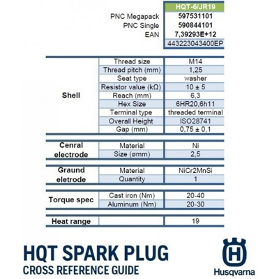 Свеча зажигания Husqvarna HQT-6 4T Single Pack (короткая юбка) B&S Артикул: 590 84 41-01- фото2