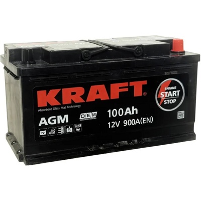 Аккумулятор автомобильный KRAFT AGM 100 R (900A, 353*175*190) start-stop