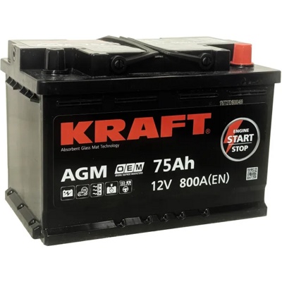 Аккумулятор автомобильный KRAFT AGM 75 R (800A, 278*175*190) start-stop