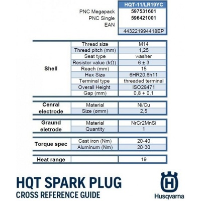 Свеча зажигания Husqvarna HQT-11 4T Single Pack Kawasaki engines Артикул: 596 42 10-01- фото4