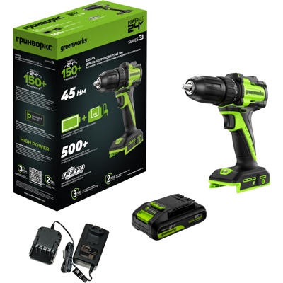 Дрель-шуруповерт аккумуляторная Greenworks 24V DD345 (1АКБх2Ач, ЗУ) б/щет 27/45 Нм 13мм коробка- фото