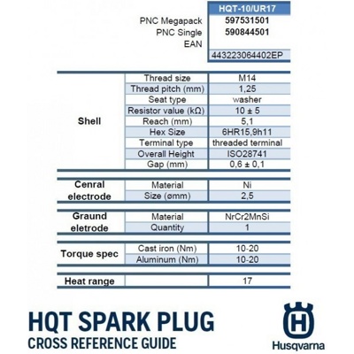 Свеча зажигания Husqvarna HQT-10 2T Single Pack HandHeld Артикул: 590 84 45-01- фото4