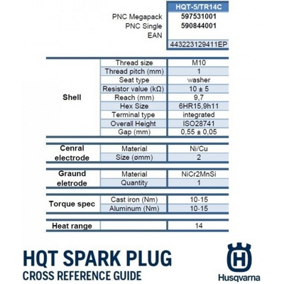 Свеча зажигания Husqvarna HQT-5 2T Single Pack P340S P350S P360S 580BTS Артикул: 590 84 40-01- фото3