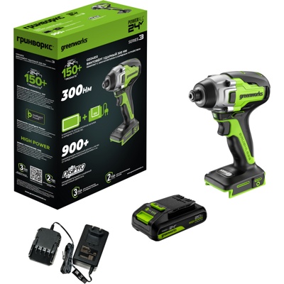 Винтоверт ударный аккумуляторный Greenworks 24V GD24ID3 (1x2Ач, ЗУ, кор) 300Нм, 3 режима, 0-2800об/м 3802807CUA- фото